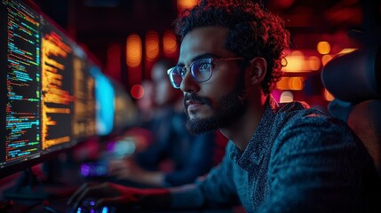 Focused Developer Working on Code in Modern Office Environment at Night