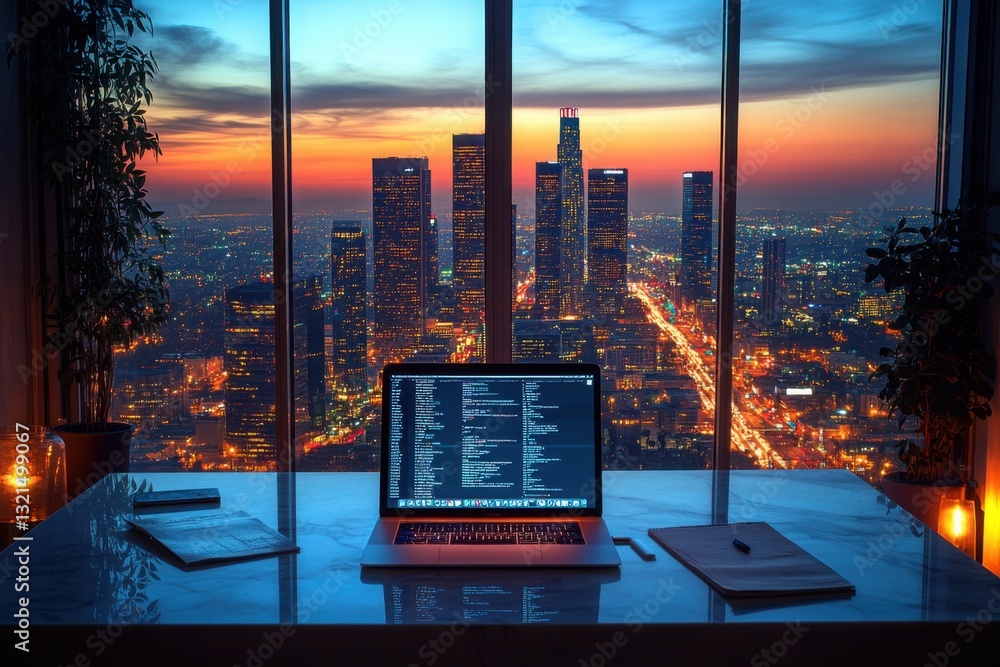 Poster coding at dusk: city view inspires late night work with laptop code illuminated by skyscraper lights