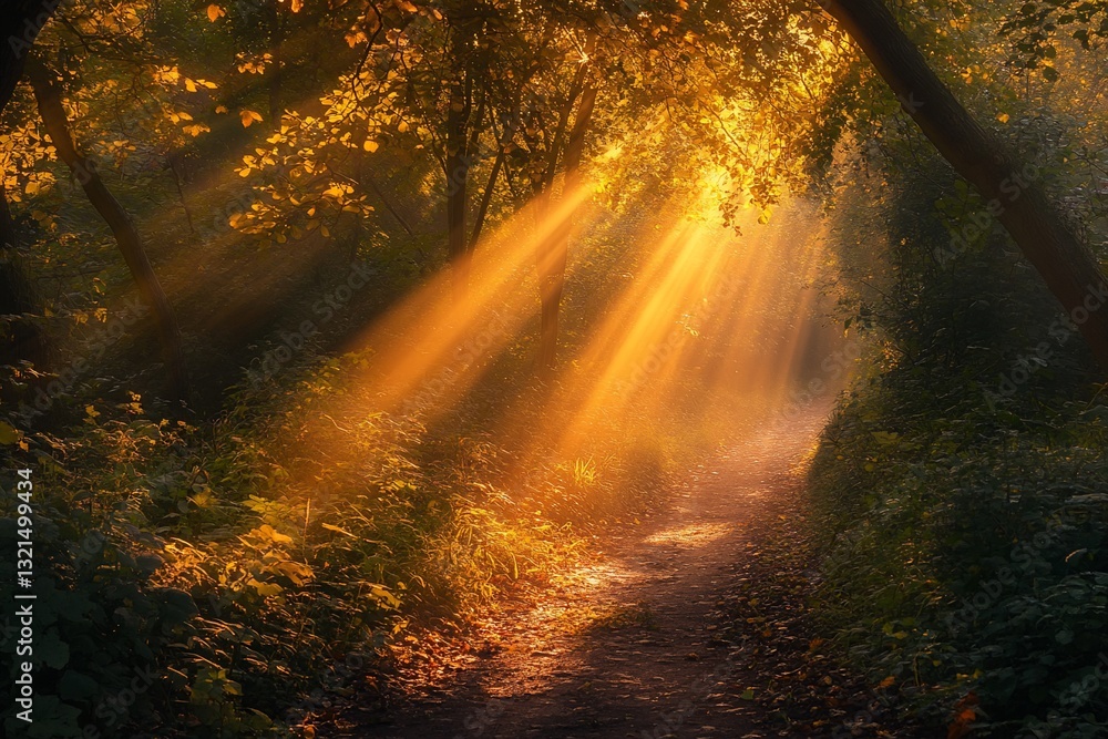 Poster enchanting sunlight through forest canopy creating a golden path