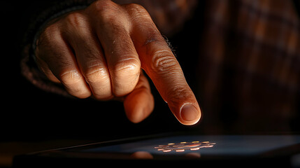 A single finger touches a screen with some reflected light