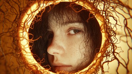 Close up portrait of a young woman's face partially obscured by a circular, glowing frame of intricate, dark brown, root like textures. Soft, warm lighting illuminates the scene.