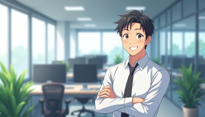 Cheerful anime businessman stands arms crossed in modern office workspace. Successful adult male exudes confidence, smiles. Bright interior, positive energy, career ambition, individuality, teamwork,