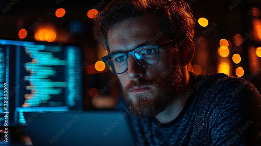 Poster A focused individual examines computer code on a laptop while surrounded by glowing screens, delving into quantum concepts such as qubits and entanglement for encryption security.