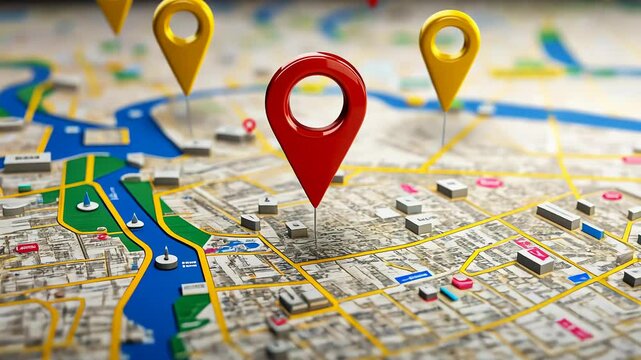 3D Map travel location. Locator mark of map and location pin or navigation icon sign on background with search. 3D rendering.