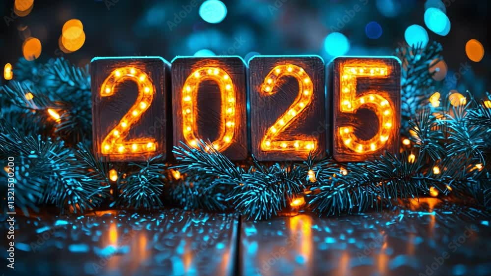 Poster illuminated numbers 2025 with festive greenery and bokeh lights create joyful atmosphere for new yea