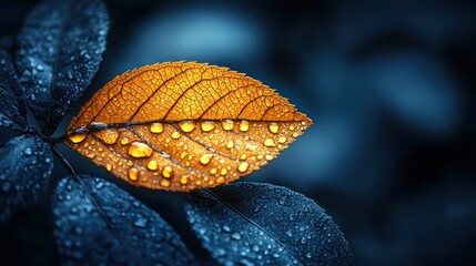 Golden leaf, dew drops, dark background