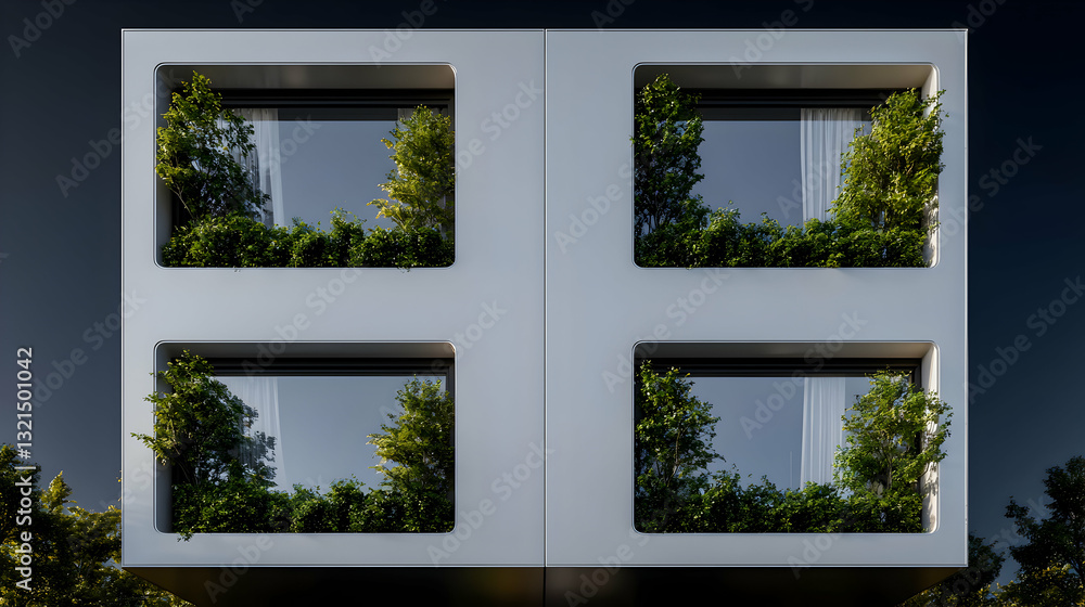 Poster modern architecture with square windows displaying lush green vegetation