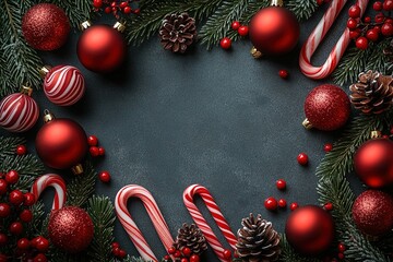 Christmas background with candy canes, fir branches, and red ornaments on the left side border on a flat red color background. Flat lay, top view with copy space for text. 