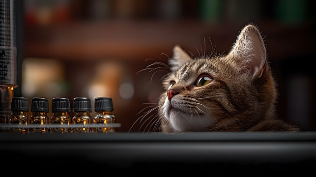 A curious tabby cat watches small bottles attentively in a lab
