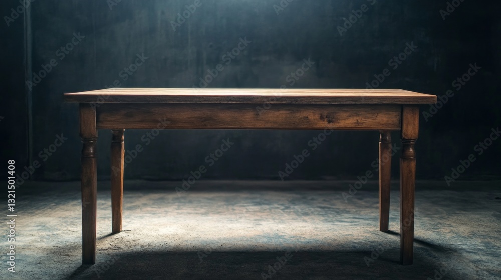 Poster a rustic wooden table stands prominently in a dimly lit industrial space, illuminated by soft light 
