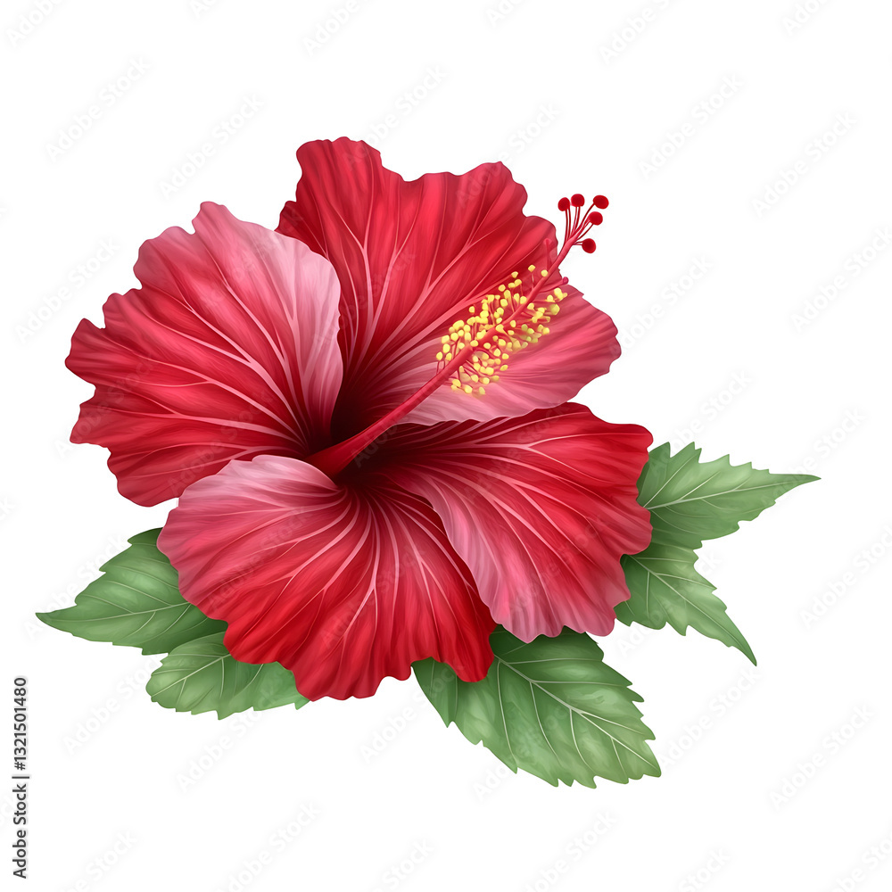 Poster beautifully rendered red hibiscus flower in full bloom with a single green leaf showcased in a class