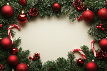 Christmas background with candy canes, pine branches, and red ornaments on a flat color backdrop. Flat lay composition for a Christmas card design or banner with copy space.
