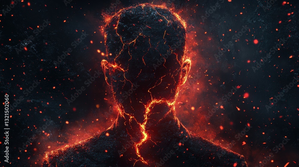 Poster man in lava suit surrounded by glowing magma in dark cave background with fiery elements and dramati