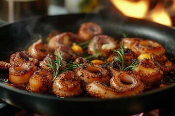 Sizzling octopus in a pan with rosemary and lemon creating a delicious seafood culinary dish on the stove