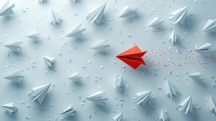 Red paper airplane stands out among white paper airplanes on a light background in an imaginative display of creativity and individuality