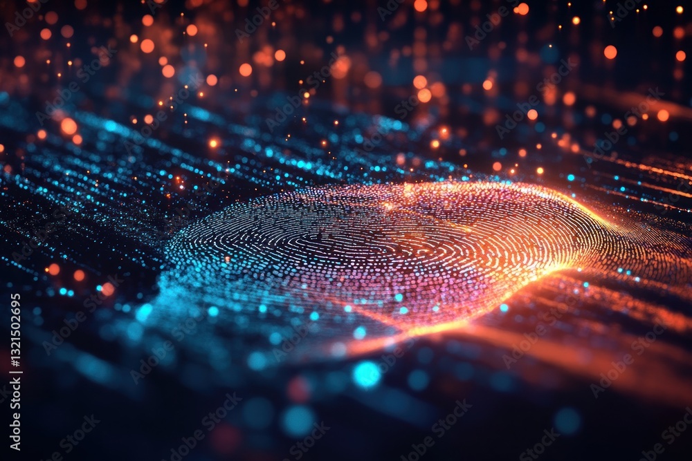 Poster abstract representation of a digital fingerprint illuminated by vibrant particles against a dark bac