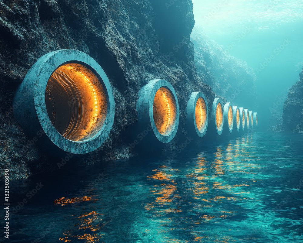 Poster underwater tunnel with glowing circular openings, creating surreal atmosphere