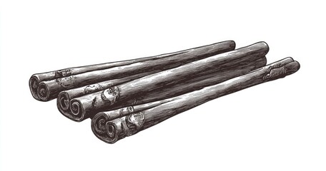 Hand-drawn illustration of cinnamon sticks.  Stacked bundles of cinnamon quills, detailed sketch with a rich, dark tone, highlighting the textured bark and curved shape of each stick