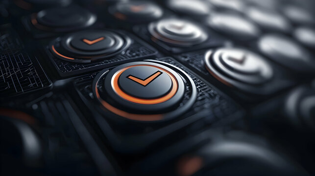 A futuristic circuit board with orange checkmark symbols displayed - Powered by Adobe