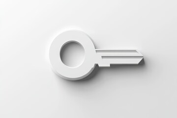 Simple white key icon.  A 3D rendered, minimalist, white key graphic, appearing as a key shape cutout, on a plain white background