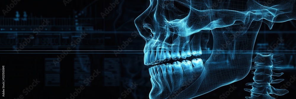 Poster dark background displaying detailed x-ray blueprint of jawbone with implants and glowing skeletal ou