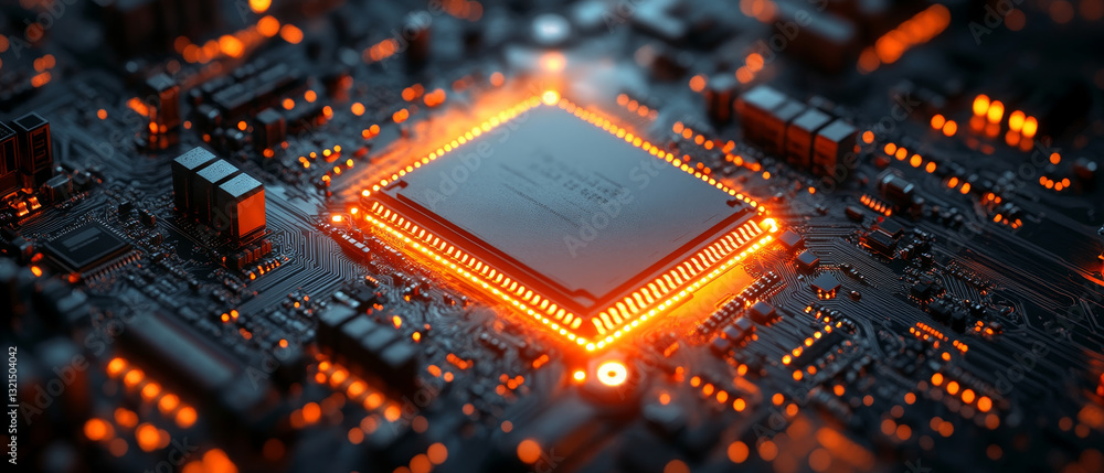 Poster futuristic microprocessor cooling system with glowing elements and circuits