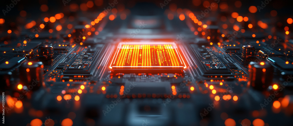 Poster futuristic microprocessor cooling system with glowing elements and circuits