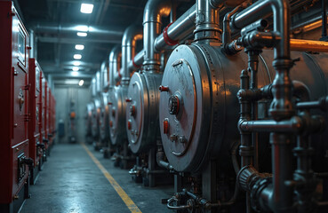 Fototapeta premium Modern house boiler room heating system. Commercial setup features heat plant, water heater, steam pump, gas control. Equipment displays piping, electrics, manometer, thermostat. Interior uses steel