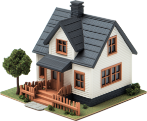 A tiny white house toy model isometric view isolated on transparent background