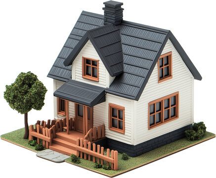 A tiny white house toy model isometric view isolated on transparent background