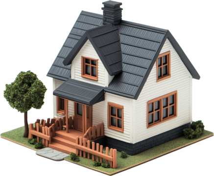A tiny white house toy model isometric view isolated on transparent background
