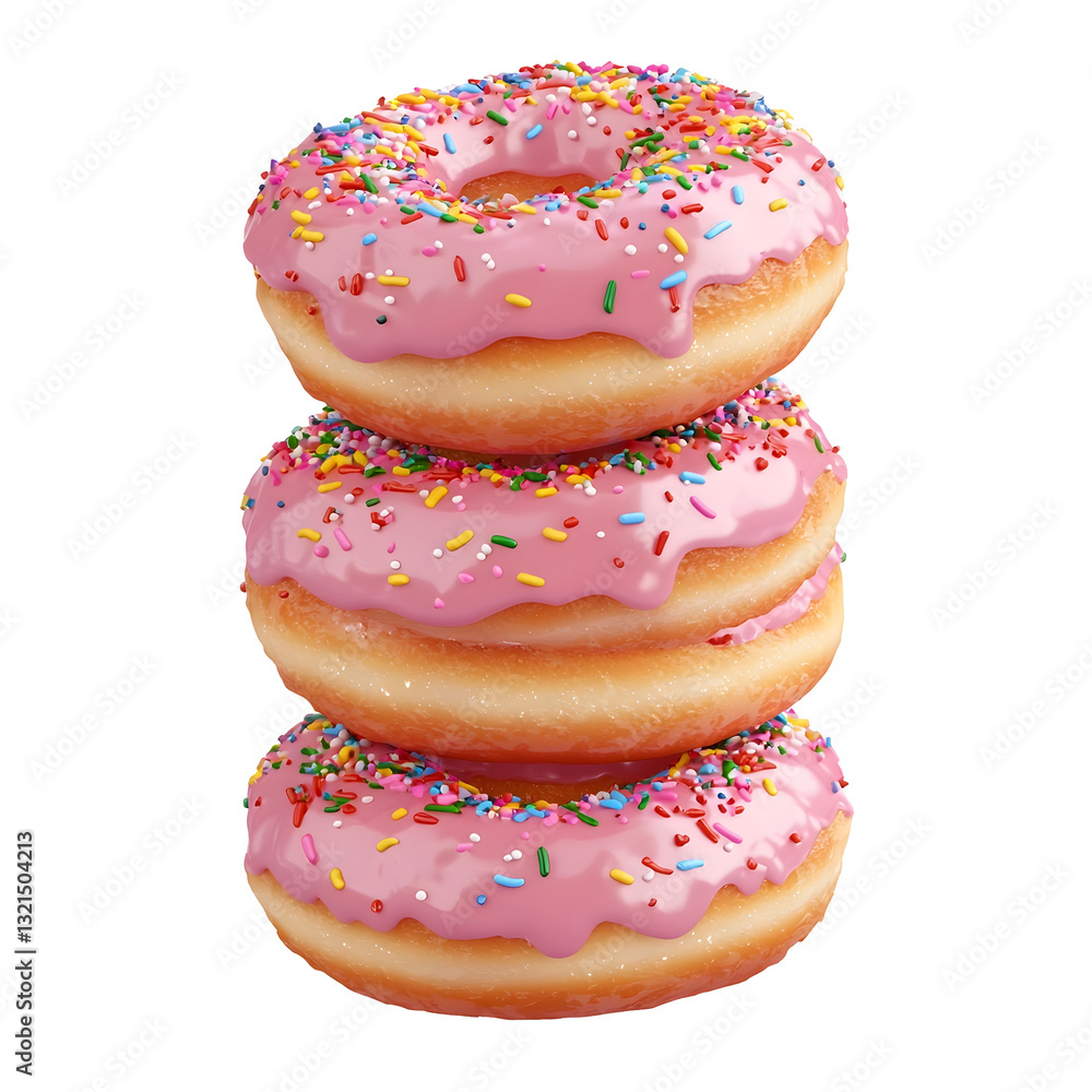 Poster a tempting stack of freshly baked pink glazed donuts with a vibrant array of colorful sprinkle toppi