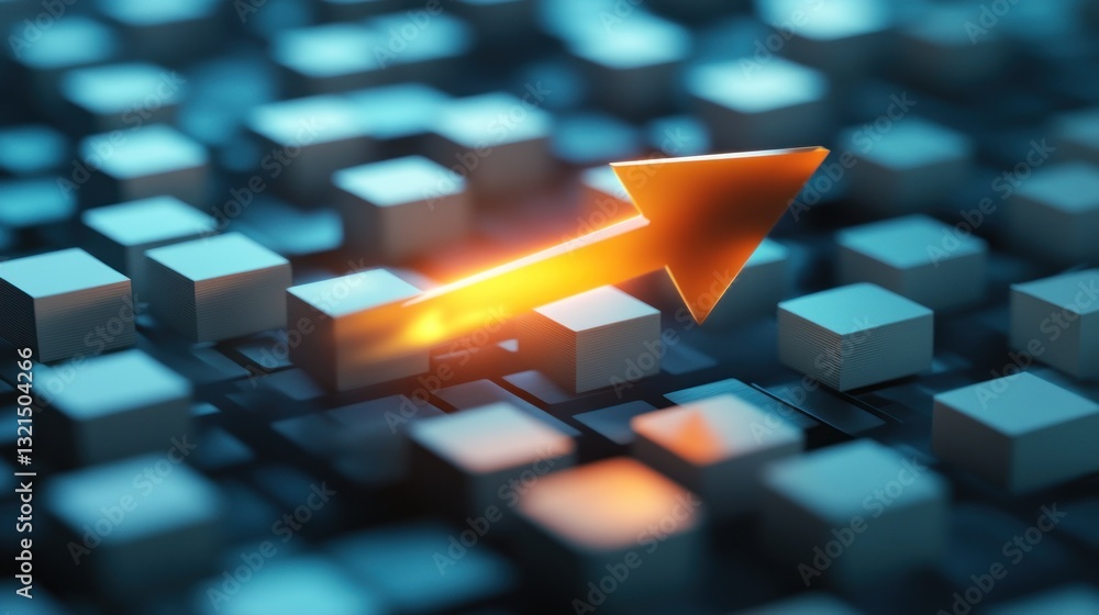 Poster an illuminated arrow pointing upwards above many small square blocks
