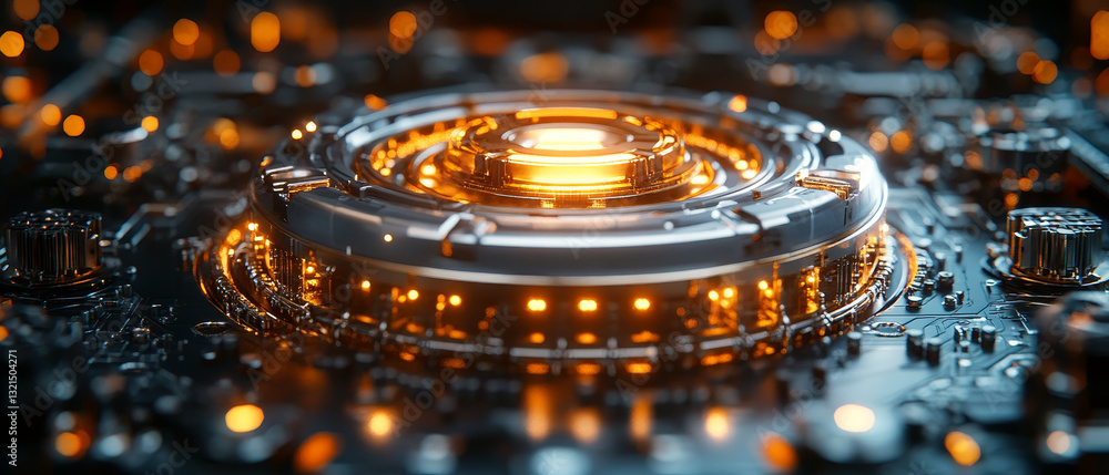 Poster futuristic microprocessor cooling system with glowing elements and intricate design