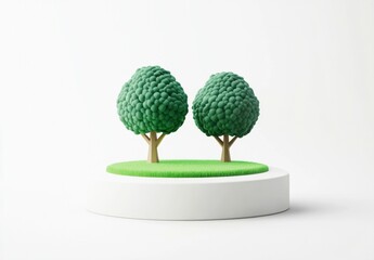 Two Green Pixelated Trees on White Circular Base