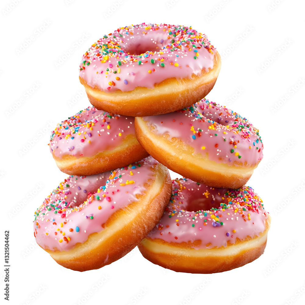 Poster visually appealing stack of soft pillowy donuts coated in a vibrant pink icing and finished with a c