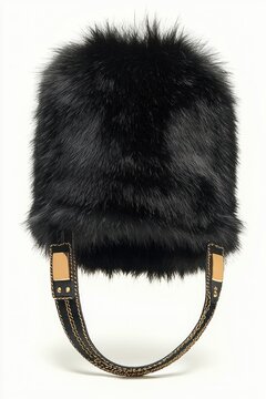 Black Fur Hat with Golden Straps in Minimalist Studio Setup