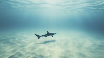 solitary shark swims over sandy seabed in tranquil waters