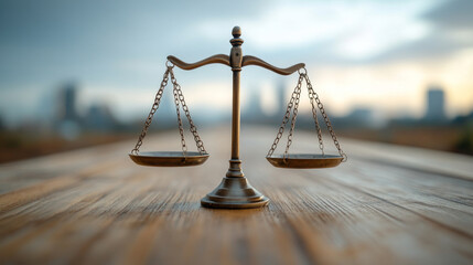 balance scale symbolizing justice and fairness on wooden table