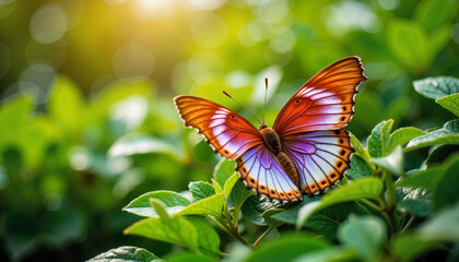 Fototapeta premium Butterfly with glowing wings resting on green leaves, nature's beauty