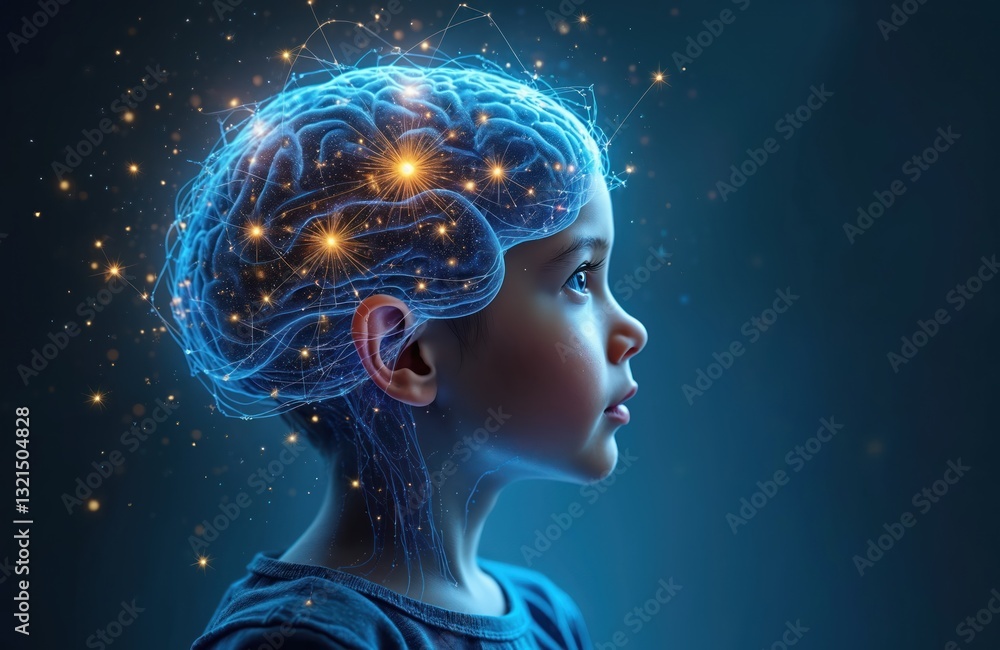 Poster child face in profile with glowing blue brain, neural connections. artificial intelligence, digital 
