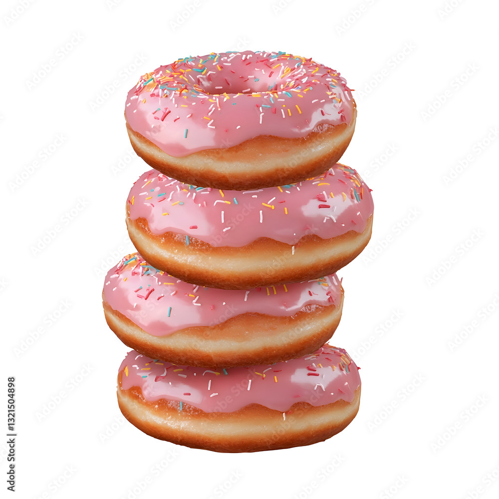 Poster towering stack of three soft fluffy pink frosted donuts with a shiny tempting glaze fully isolated o
