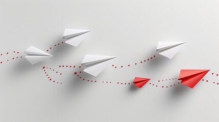 Creative arrangement of paper airplanes in flight with a red accent on a clean background