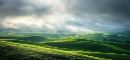 Obraz premium Rolling Green Hills Under a Cloudy Sky