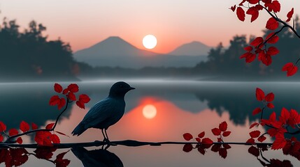Sunrise over lake with bird, serene nature scene. Possible use stock photo for wallpaper, desktop background, or nature-themed design