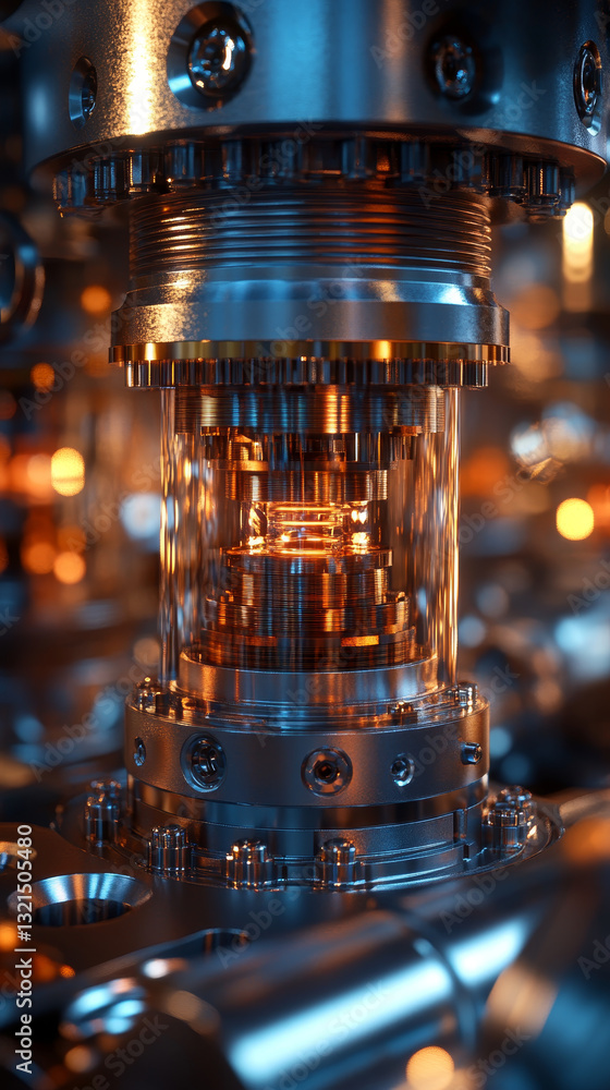 Poster intricate metallic engine component with glowing elements and reflections