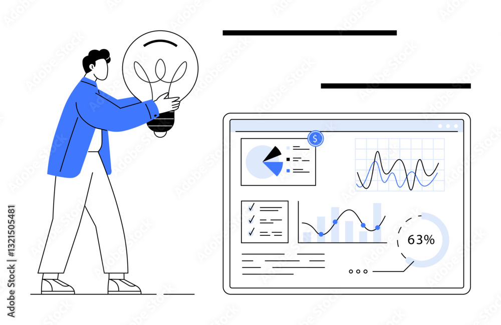 Poster person holding lightbulb alongside data dashboard featuring charts, graphs, and visual statistics. i