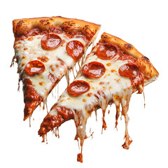 Close up of two fresh hot pepperoni pizza slices with crispy golden edges gooey melted cheese and a rich tomato sauce topping all fully isolated on a transparent background