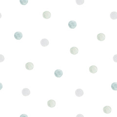 Watercolor seamless pattern with mint green polka dot. Isolated on white background. Hand drawn clipart. Perfect for card, fabric, tags, invitation, printing, wrapping.