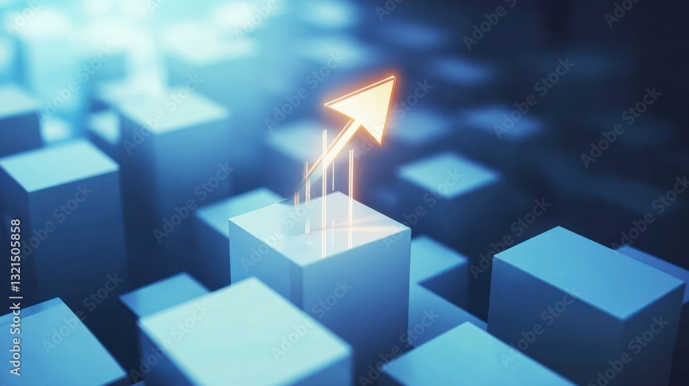 Poster an upward pointing arrow emerging from the cubic abstract design